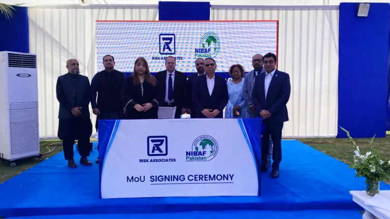 Co-CEO of NIBAF-Pakistan Ms. Lubna Malik and CEO of Risk Associates Mr. Aftab Rizvi on the occasion of signing ceremony of an MoU between NIBAF-Pakistan and Risk Associates. Senior officers from both the organizations are also present.